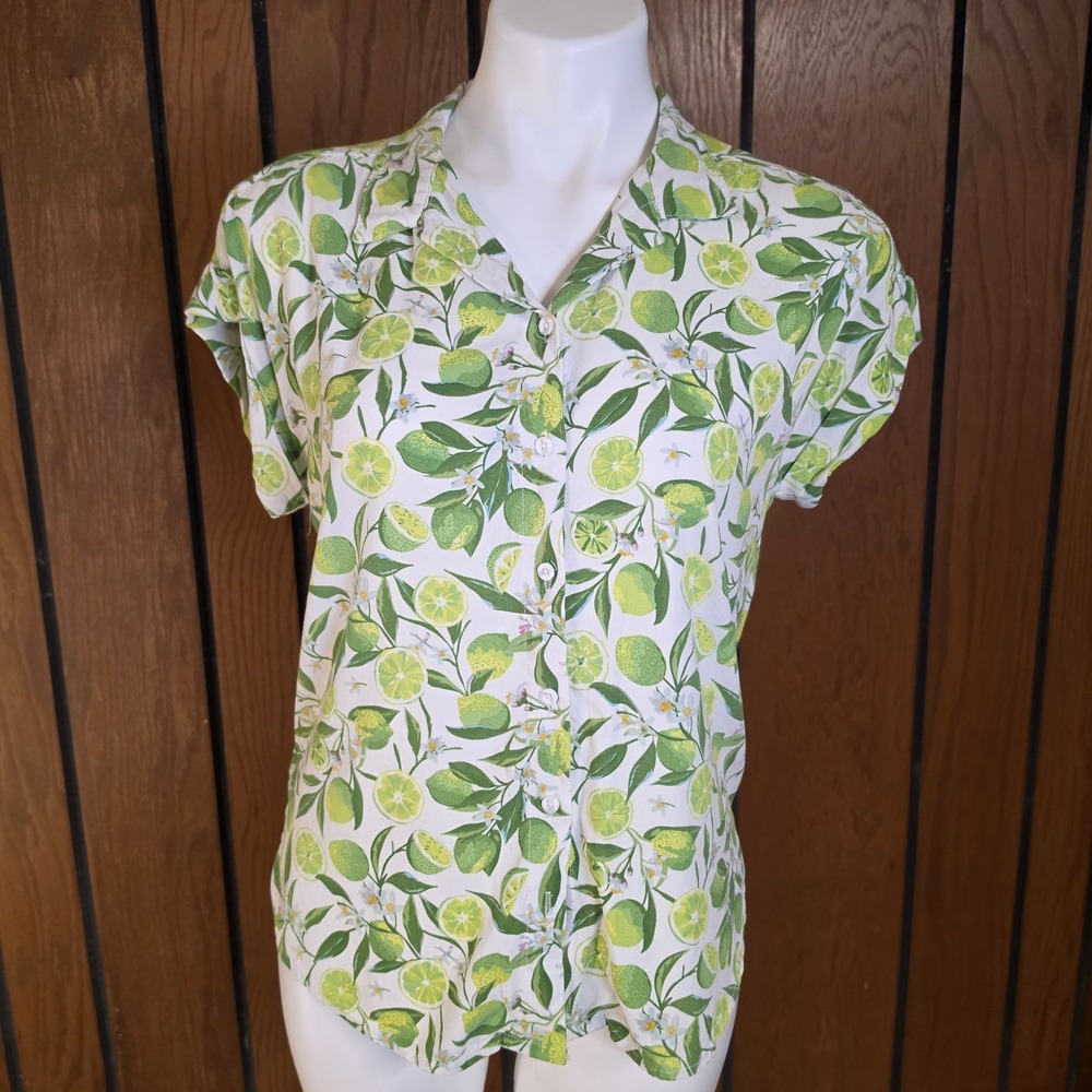Alex & Jordan Women's Citrus Green Fruit Print Button Up Short Sleeve Top Small